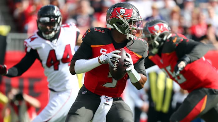 Tampa Bay Buccaneers quarterback Jameis Winston drops back against the Atlanta Falcons during the first quarter at Raymond James Stadium.